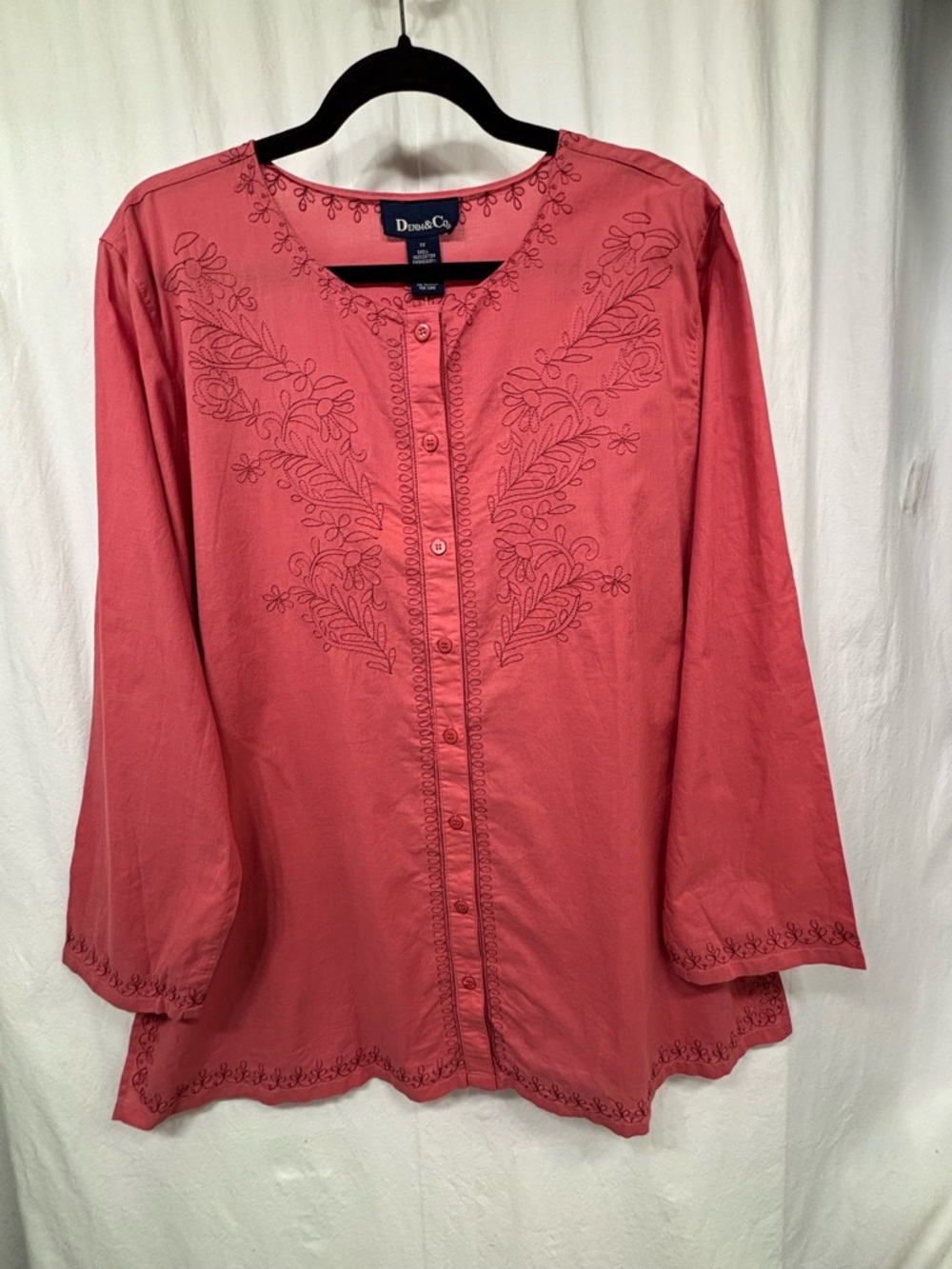 Denim & Co Tunic Top Size 1X Coral Pink Embroidered Button Down Cotton NEW